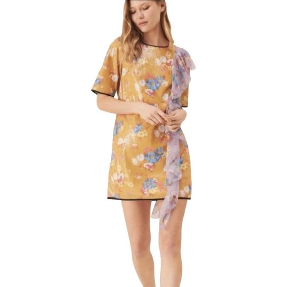 Manoush Floral Burst Sequin Dress EU 38 UK 10 US 6 Yellow Ruffle Tee Shift NWT - Picture 1 of 12